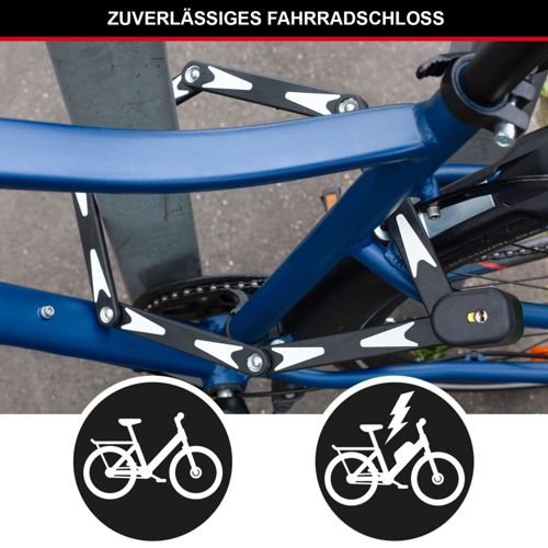 Blaues Fahrrad mit schwarzem Faltschloss und Symbolen für normale & E-Bikes.