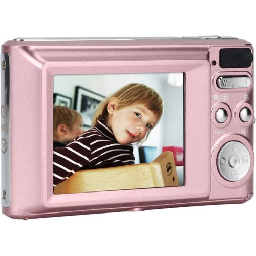 Eine rosafarbene Kamera zeigt ein Foto von zwei Kindern, eines lächelt in die Kamera.