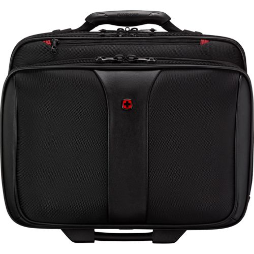 Eine schwarze Wenger Roll-Laptoptasche mit rotem Schweizer Kreuz-Logo.