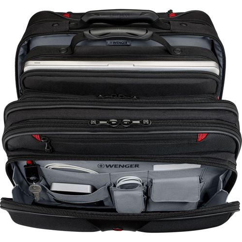 Schwarzer Wenger-Rucksack mit offenem Fach, Laptop, Schlüssel und Kabeln.