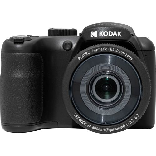 Una cámara digital Kodak negra con lente zoom y zapata.