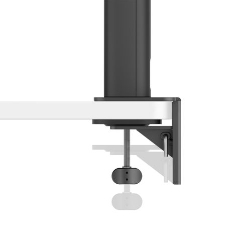 Een zwarte monitorarmklem bevestigt een witte bureauarm. Een schroef klemt de klem vast.