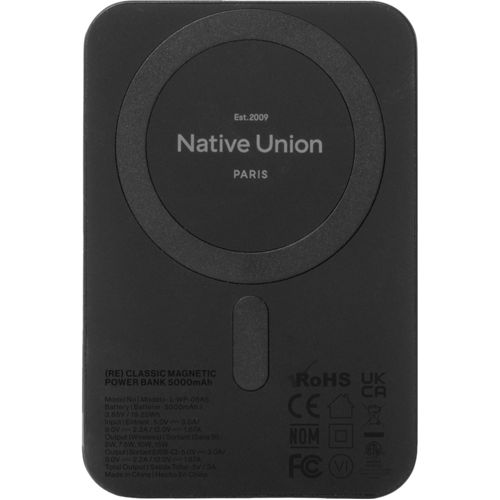 Batterie externe noire Native Union avec logo, spécifications et marques de certification.