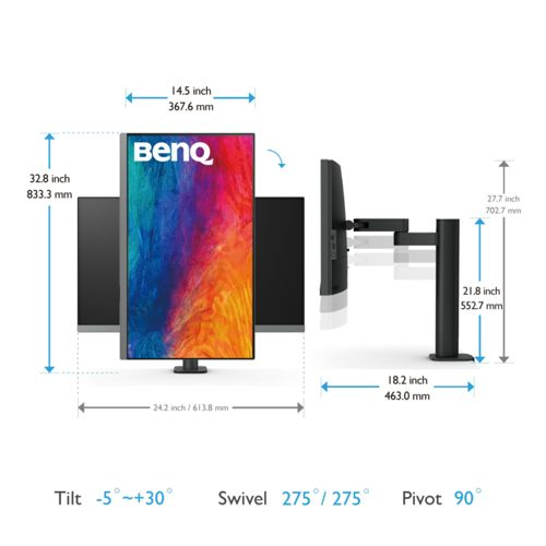Technische tekening van een monitor met afmetingen en verstelbereiken.