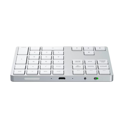 Ein weißes, kabelloses Ziffernblock-Tastatur mit USB-C-Anschluss und grüner LED.