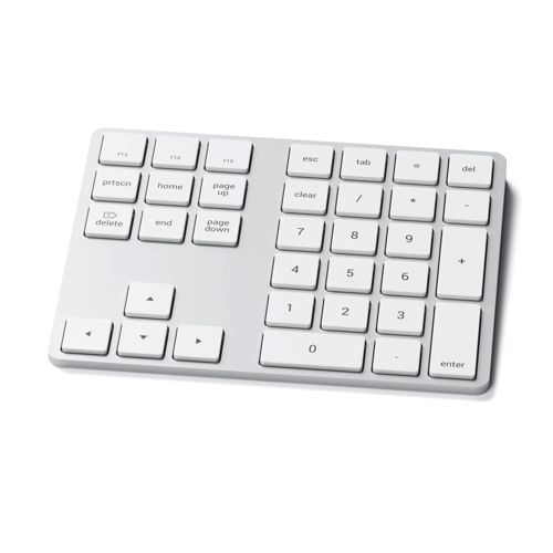 Ein weißes, kabelloses Keyboard mit Ziffernblock und Funktionstasten.