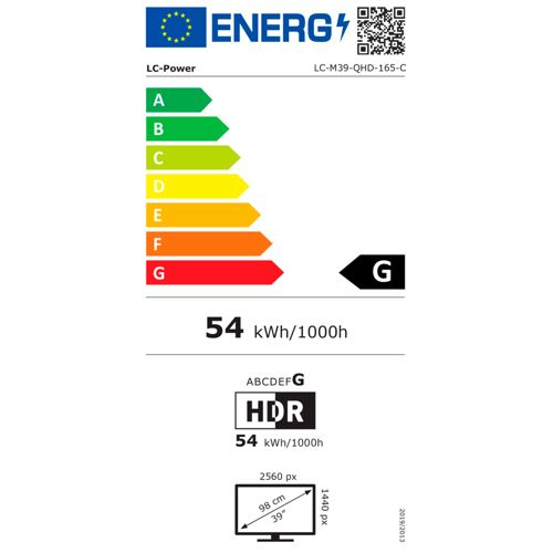 Energieeffizienzlabel: Klasse G, 54 kWh/1000h, 39 Zoll Monitor