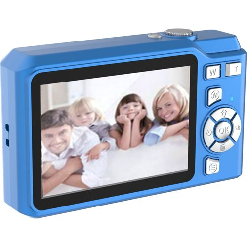 Blauer Fotoapparat mit einem Familienfoto auf dem Bildschirm.