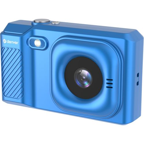 Eine blaue Denver Digitalkamera mit prominentem Objektiv und Blitz vorne.