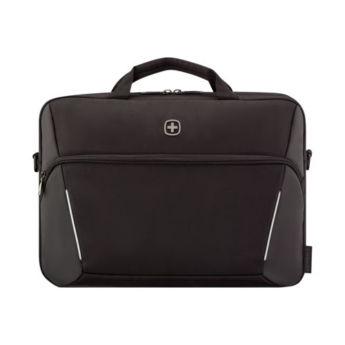 Sacoche noire pour ordinateur portable avec logo argenté et accents blancs.