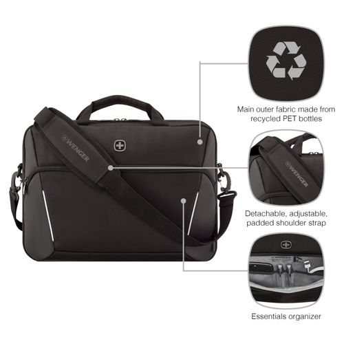 Sacoche noire pour ordinateur portable avec bandoulière, symbole recyclage, rembourrage.