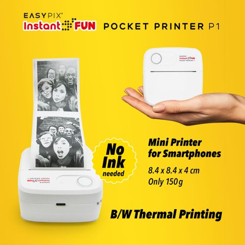 Ein weißer Mini-Drucker für Smartphones mit Schwarz-Weiß-Fotoausdrucken.