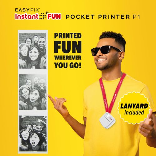 Mann mit Sonnenbrille zeigt auf Foto-Streifen, EASYPIX Instant Fun Pocket Printer P1.