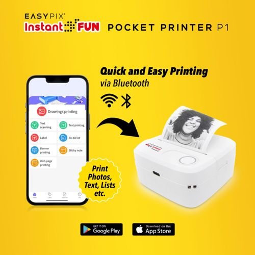 Ein Smartphone und ein weißer Drucker, der ein Foto druckt. Gelber Hintergrund.