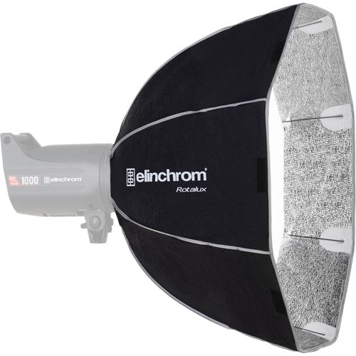 Ein Elinchrom Rotalux Softbox, schwarz außen, silber innen, an Studioblitz.
