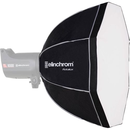 Ein schwarzer und weißer Elinchrom Rotalux Softbox-Lichtformer mit einem Blitzkopf.
