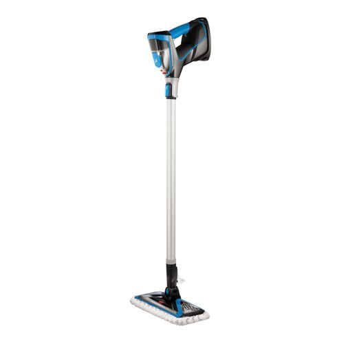 Ein moderner blauer und silberner Dampfreiniger mit einem langen Stiel und einem Moppkopf.