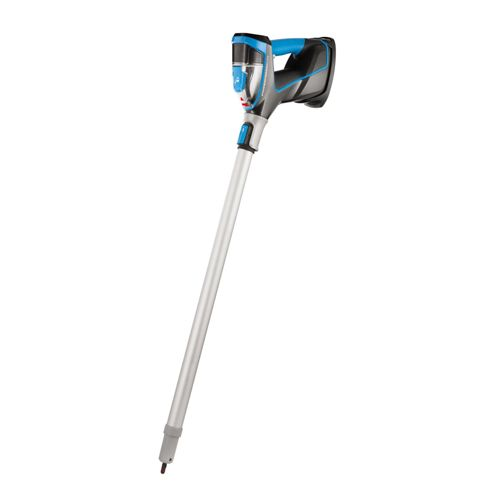 Ein schlanker, grauer Stabstaubsauger mit blau-schwarzem Griff