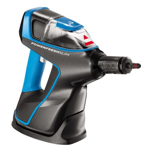 Ein schwarzer und blauer Dampfreiniger mit transparentem Tank.