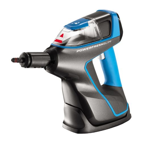 Ein grauer und blauer Handdampfreiniger mit transparentem Tank, auf weißem Hintergrund.