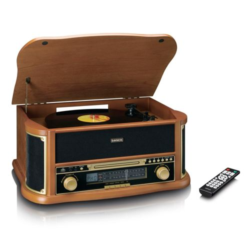 Ein Holz-Plattenspieler mit CD-Player, Radio und Fernbedienung.