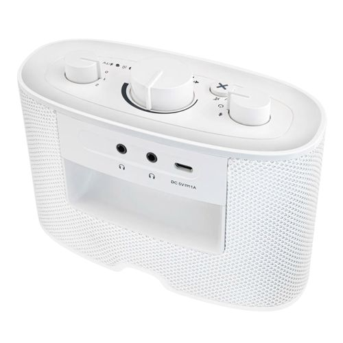 Altoparlante bianco con manopole, porte e porta di ricarica USB-C.