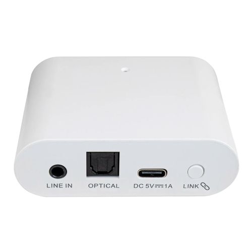 Un dispositivo bianco con porte line-in, ottica, USB-C e link sul retro.