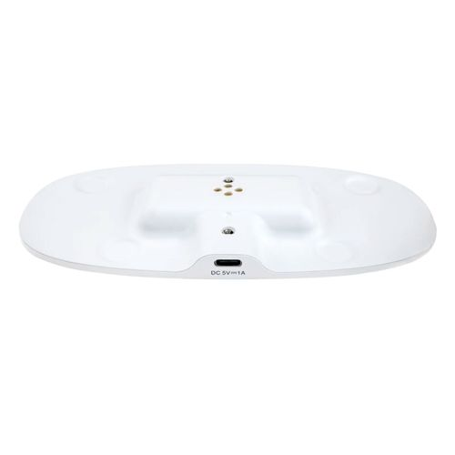 Dock di ricarica bianco con contatti di ricarica e porta USB-C.