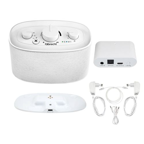 Dispositivi Albrecht bianchi: altoparlante, base, dongle e alimentatori.