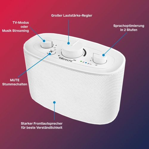 Altoparlante bianco con manopole per volume, modalità TV, mute e ottimizzazione vocale.
