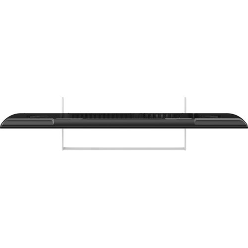 TV nero con cornice sottile su supporto bianco, visto dall'alto.