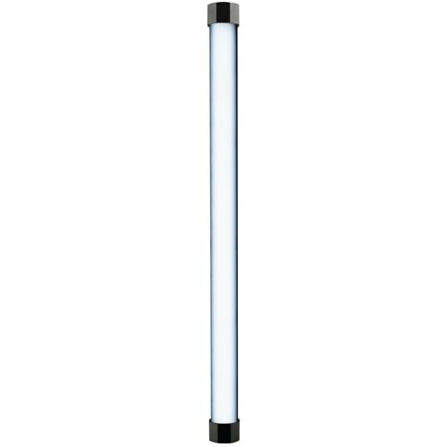 Un tube étroit et éclairé avec des capuchons noirs, positionné verticalement sur fond blanc.
