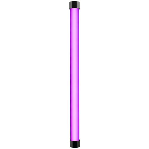 Un long tube lumineux LED violet et fin avec des capuchons noirs.