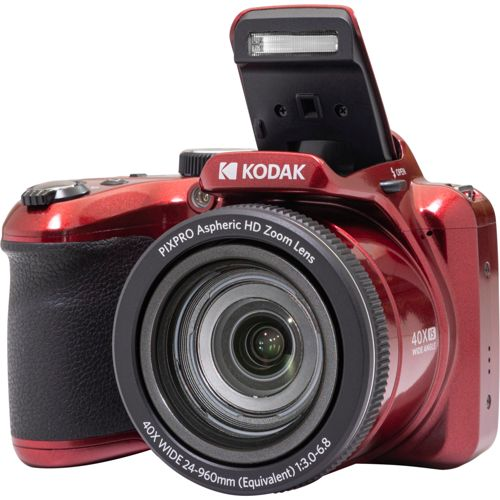 Una cámara digital Kodak roja con flash emergente y lente zoom.
