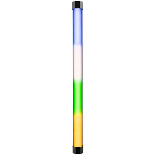 Un tube vertical montrant un dégradé de bleu à blanc, vert et orange.