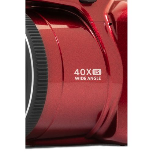 Primer plano del cuerpo de una cámara roja con texto '40X IS WIDE ANGLE'.