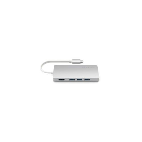 Ein silberner USB-C-Hub mit HDMI-, USB-A- und USB-C-Anschlüssen.