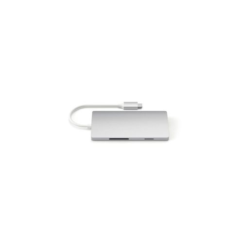 Silberner USB-C-Hub mit Anschlusskabel und mehreren Steckplätzen.