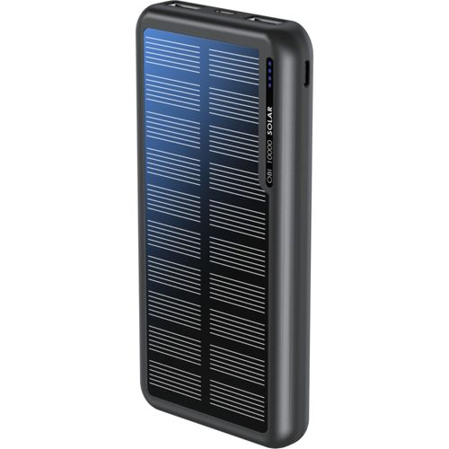 Power bank solare nero con celle solari blu e spie di carica.