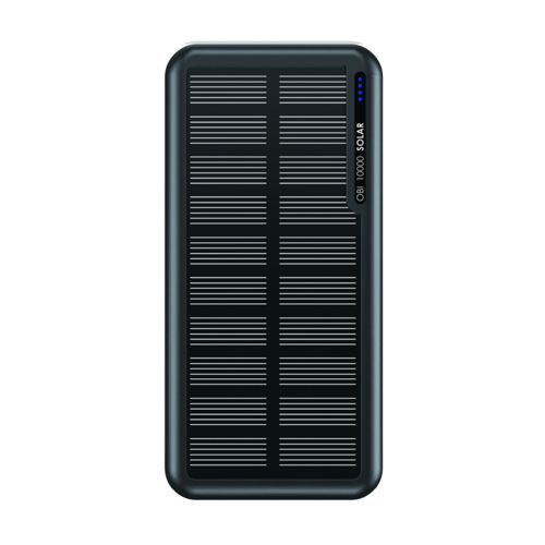 Power bank solare nero con linee orizzontali e LED blu.