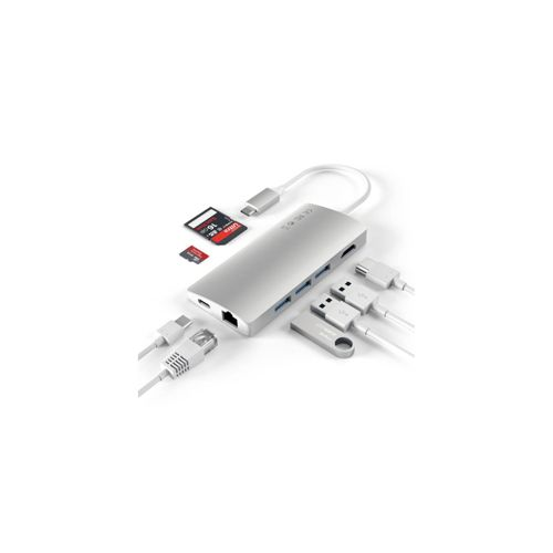Ein silberner USB-C-Hub mit SD-Karten, USB-Sticks und Kabeln.