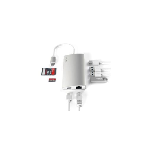 Ein silberner USB-C-Hub mit SD-Karten, USB-Sticks und Netzwerkkabel.