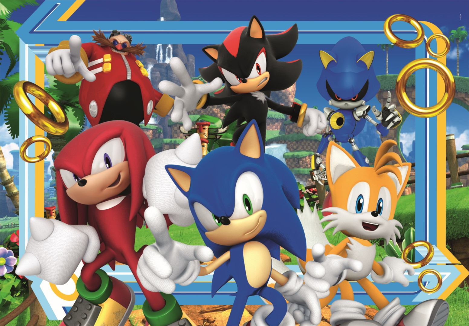 Sonic, Tails, Knuckles, Shadow, Eggman y Metal Sonic frente a un paisaje montañoso con cascadas.