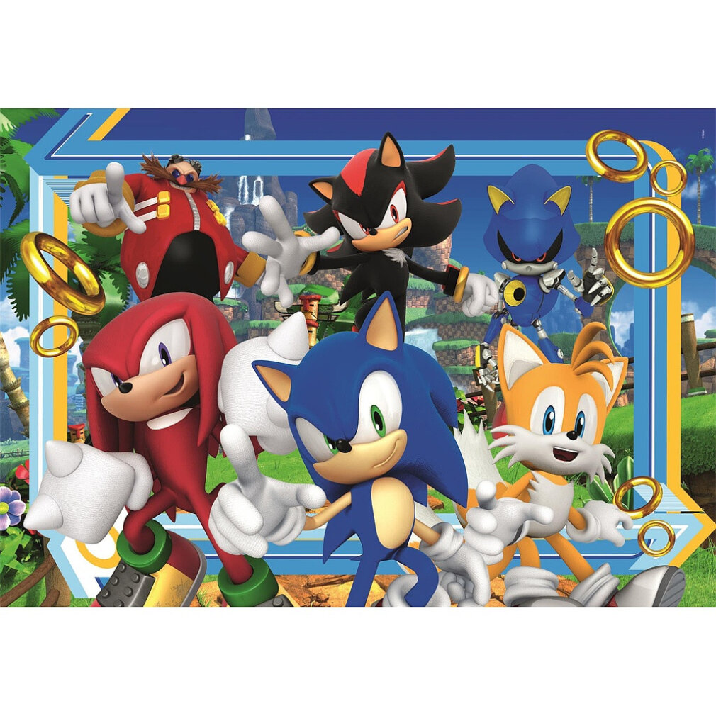 Sonic y amigos posan ante un paisaje con anillos y árboles.