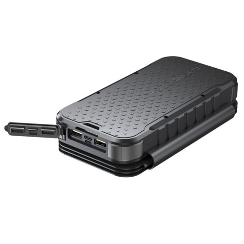 Power bank nero e robusto con porte USB aperte e uno sportellino.