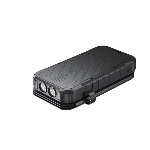 Power bank portatile robusto nero con doppia torcia a LED frontale.