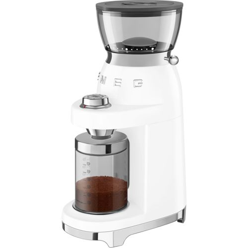 Ein weißer Kaffeemühlen-Schneider mit transparenter Oberseite und Behälter.