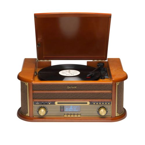 A brown record player with its lid open, featuring a vinyl record.