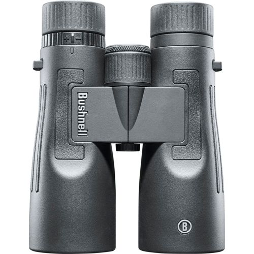 Binocolo Bushnell grigio con rotella di messa a fuoco e logo su sfondo bianco.