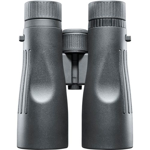 Binocolo grigio con oculari scanalati e rotella di messa a fuoco.